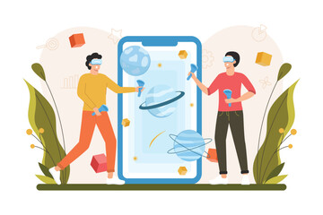 Aufkleber - VR color concept with people scene in the flat cartoon design. Two friends play computer games in a virtual space. Vector illustration.