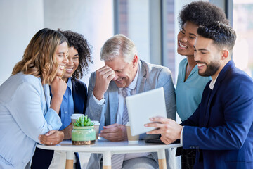 Business people, tablet and laughing for funny joke, meme or social media post together at office. Corporate employees laugh with touchscreen for fun comedy entertainment on break at the workplace