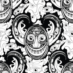 Demon with Thousand Eyes. Phantasmagorical Surreal Design on Black. Vintage Stamp Stylization with Abstract Stains. Seamless Pattern, Endless Texture. Vector Contour Illustration. Coloring Book Page