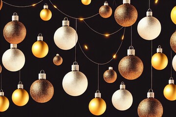 Wall Mural - Garland with golden Christmas balls and lights on black background., created with generative ai