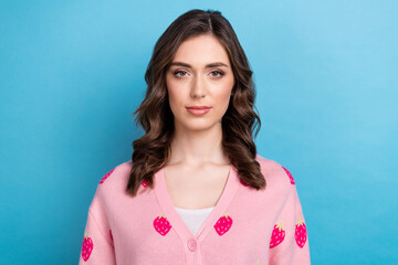 Canvas Print - Portrait photo of charming confident serious lady wear stylish pink strawberry print cardigan satisfied her weekend isolated on blue color background