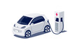 Modern electric small city micro car charging parking at fast charger ev station with a plug in cable. Electrified battery vehicle transportation. Isolated flat vector illustration on white background