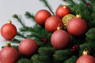 Sticker - Matte red Christmas balls with sequins and sparkles on spruce branches on white background., created with generative ai