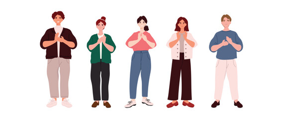 People character design collection. Modern cartoon flat style with males and females stand together in clapping hands pose. Characters illustration for social media, background, poster, cover.