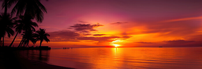 Wall Mural - sunset on the beach with palm trees, holiday vacation banner concept, generative ai