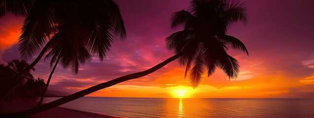 Wall Mural - sunset on the beach with palm trees, holiday vacation banner concept, generative ai