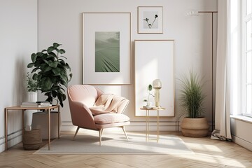 Poster - a mock up of gold frames in a contemporary, minimalist living room with a pink chair, a white table, and plants; the room is decorated in a modern, scandinavian manner. Generative AI