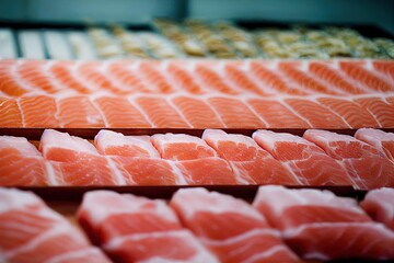 Sticker - Layers of juicy red fish lying in rows at fish market., created with generative ai