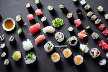 Sticker - Variety of seafood, sashimi and sauce in sushi set on gray background., created with generative ai