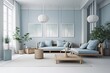 Leinwandbild Motiv Japandi minimalist living room with frame mockup in white and blue tones. sofa, rattan furniture, and wallpaper. design of a farmhouse interior. Generative AI
