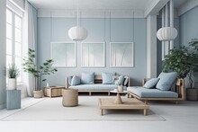 Japandi Minimalist Living Room With Frame Mockup In White And Blue Tones. Sofa, Rattan Furniture, And Wallpaper. Design Of A Farmhouse Interior. Generative AI