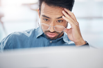 Aufkleber - Asian man, frustrated and tired with laptop in office for glitch, problem or anxiety for proposal, idea or burnout. Businessman, computer and thinking with stress, depressed or headache for 404 error