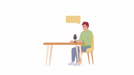 Poster - Animated blogger recording podcast. Male interviewer. Conducting interview. Flat character animation on white background with alpha channel transparency. Color cartoon style 4K video footage
