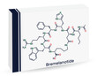 Bremelanotide molecule. It is 7 amino acid peptide used to treat hypoactive sexual desire disorder in women. Skeletal chemical formula. Paper packaging for drugs.