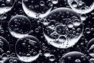 Sticker - Transparent large water bubbles with oxygen on black background., created with generative ai