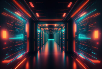 A fantastic neon tunnel, the corridor of a spaceship. Immersion in virtual reality, artificial intelligence. Dark abstract background with multicolored glow. 3D rendering. AI generated.