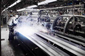 Wall Mural - Machine design steel work in factory welding process., created with generative ai