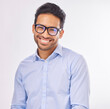 Portrait, vision and eyewear with a man in studio on a white background to promote eye care optometry. Face, glasses or eyesight with a handsome young male wearing new prescription frame spectacles