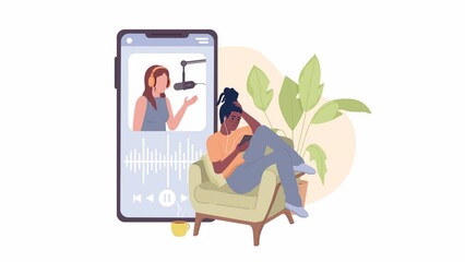 Poster - Animated listening to podcast record. Watching female blogger on mobile phone. 2D cartoon flat character 4K video footage on white with alpha channel transparency. Concept animation for web design