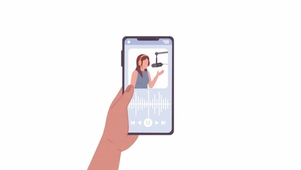 Wall Mural - Animated hand holding mobile phone. Playing podcast on smartphone. Flat character arm animation on white background with alpha channel transparency. Color cartoon style 4K video footage