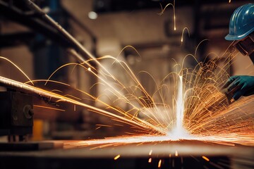 Wall Mural - Metal melting and welding process with sparks flying to sides., created with generative ai