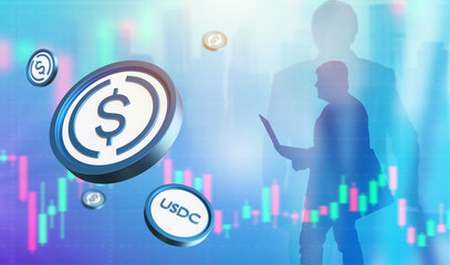 Aufkleber - usdc cryptocurrency. usd coins near traders. stable cryptocurrency for investment. changing price of