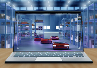 Poster - Automated guided vehicles. Warehouse robots in laptop screen. Tracking amr via company. Automated guided vehicles to move racks. Robotization of warehouse processes. Autonomous warehouse. 3d image