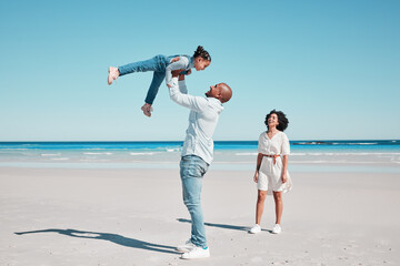 Wall Mural - Playing, happy and child with parents at the beach for bonding, quality time and relaxation. Smile, family and playful girl kid with dad and mother at the ocean for holiday, happiness and summer