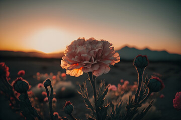 Carnation flowers, flowers in the sunset, sunset in the field, sunset in the mountains