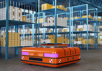 Poster - Autonomous mobile robot. Agv close-up. Automated guided vehicles. Amr cart inside warehouse. Orange storage machines. Robot for automation warehouse. Retrieval machines. Storage technology. 3d image
