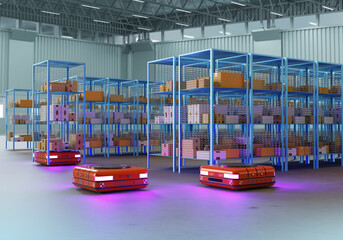 Poster - Robotized warehouse. Fulfillment company interior. Warehouse room with robots. Robotized storage. Innovative robotization of warehouse. Agv transporters. Amr robotized technology. 3d image