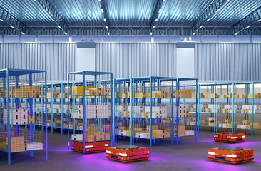 Poster - Warehouse autonomous transport. Shipping warehouse robot. Distribution center interior. Hangar for logistics warehouse. Shipping robot with storage shelves. Automated mobile robot. 3d image