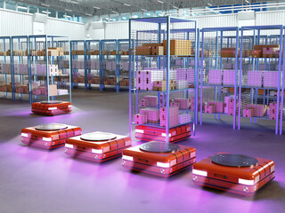 Poster - Robots for delivery. Automatic cart inside warehouse. Automatic robots for warehouse delivery. Automation of warehouse business. Robotization storage industry. Hangar with racks and robots. 3d image