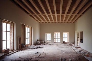 Wall Mural - Floor replacement during apartment renovation in modern room with beams on ceiling., created with generative ai