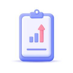 Poster - Grow chart, graph of profit growth, income, investment no clipboard document. Realistic 3d design In plastic cartoon style. Icon isolated on white background. Modern vector illustration.