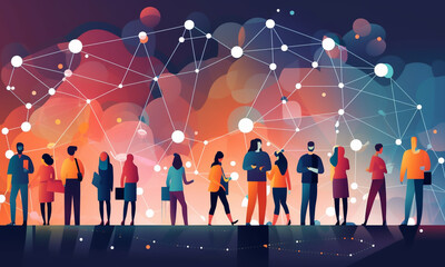 Wall Mural - Social network connection concept, community or business collaboration. Internet of things digital global smart grid illustration.