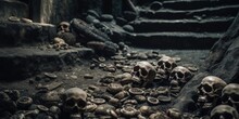 Skeletal Remains Strewn All Over Ancient Decaying Castle Stone Steps, Broken And Shattered Sacrificed Human Skulls, Scary Macabre Scene - Generative AI
