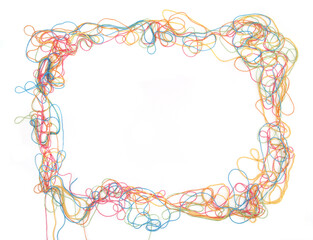 Wall Mural - frame of tangled colorful cotton threads isolated on white background. abstract thread lines chaos p