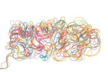 Wall Mural - tangled colorful cotton threads isolated on white background. abstract thread lines chaos pattern.