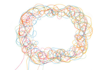 Wall Mural - frame of tangled colorful cotton threads isolated on white background. abstract thread lines chaos p