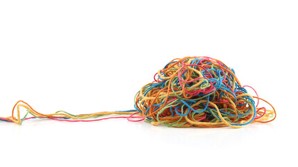 Wall Mural - tangled colorful cotton threads isolated on white background. pile of knitting yarn threads.