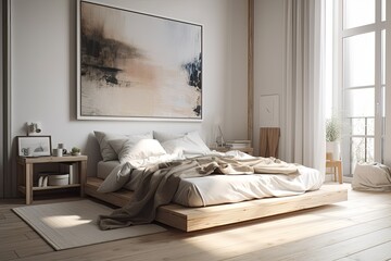 Poster - A vertically framed poster is seen on a wall in the foreground of this side view of a white bedroom interior with a panoramic window, a double bed, and other furnishings. Generative AI