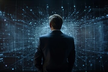 Poster - Businessman looking at futuristic hologram screen. Technology concept. Generative AI