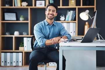 Poster - Relax, manager and portrait of startup founder smile and sitting in company office excited for the future. Young, happy and professional business man, employee or worker feeling confident and proud