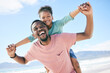 © Charlize D/peopleimages.com - Beach, black man with child on piggy back and smile on playful family holiday in Australia with freedom and fun. Travel, happy father and girl playing, flying and bonding together on ocean vacation.