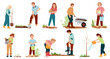 Set of kids gardening vector illustration Garden work collection with happy friends children characters for nature care volunteering concepts Youth work together for a better environment