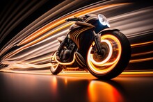 An Abstract Illustration Of A Motorcycle On A Fire Filled Road With Bright Orange And Yellow Flames. Black Background, Sport, Speed Theme. Generative AI Artwork.