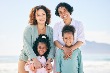 Canvas Print - Happy portrait, nature and family on beach holiday for peace, freedom and outdoor quality time together. Love, ocean sea sand and Mexico children, grandmother and mother smile with vacation sunshine