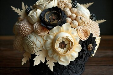 Wall Mural - elegant vintage flower wedding bouquet in cream and gold with black accents, perfect for an elegant, timeless aesthetic., created with generative ai