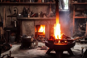 Canvas Print - Burning fire in old forge with various objects and anvil., created with generative ai